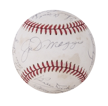 1949 New York Yankees Team Signed OAL Brown Reunion Baseball With 14 Signatures Including DiMaggio, Mize, Slaughter & Dickey (JSA)